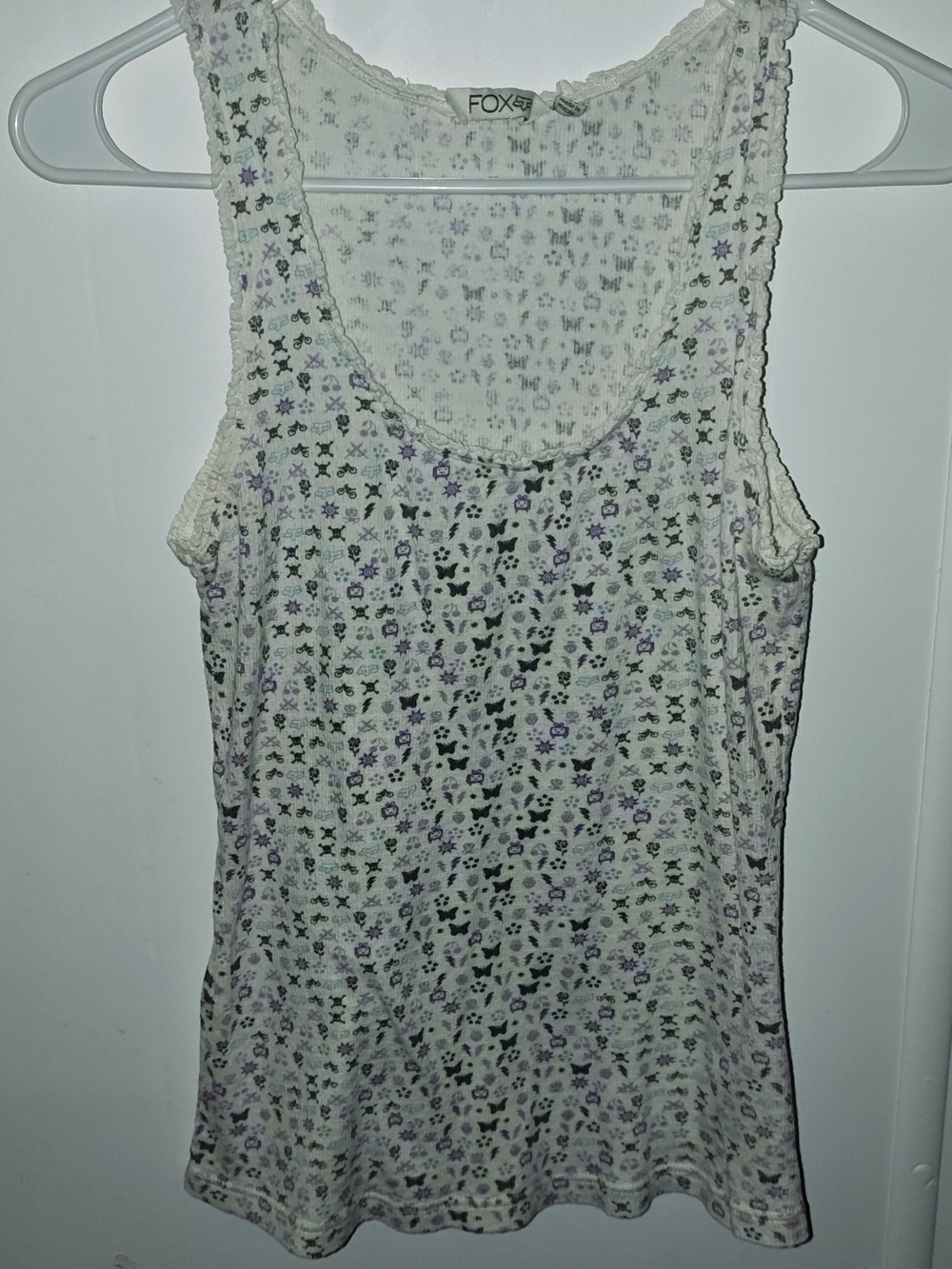 Fox Cream Tank Top With Crochet Lace Trim W/ Purple, Gray & Teal  Mixed Print